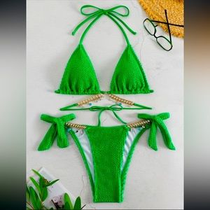 SHEIN BOUDOIRCORE Textured Bikini Set Rhinestone Chain Decor NWOT